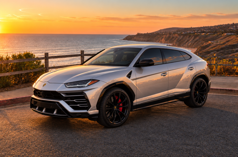 Silver Lamborghini Urus overlooking the Southern California coast at sunset