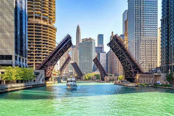 Chicago River with raised bridges and downtown skyline
