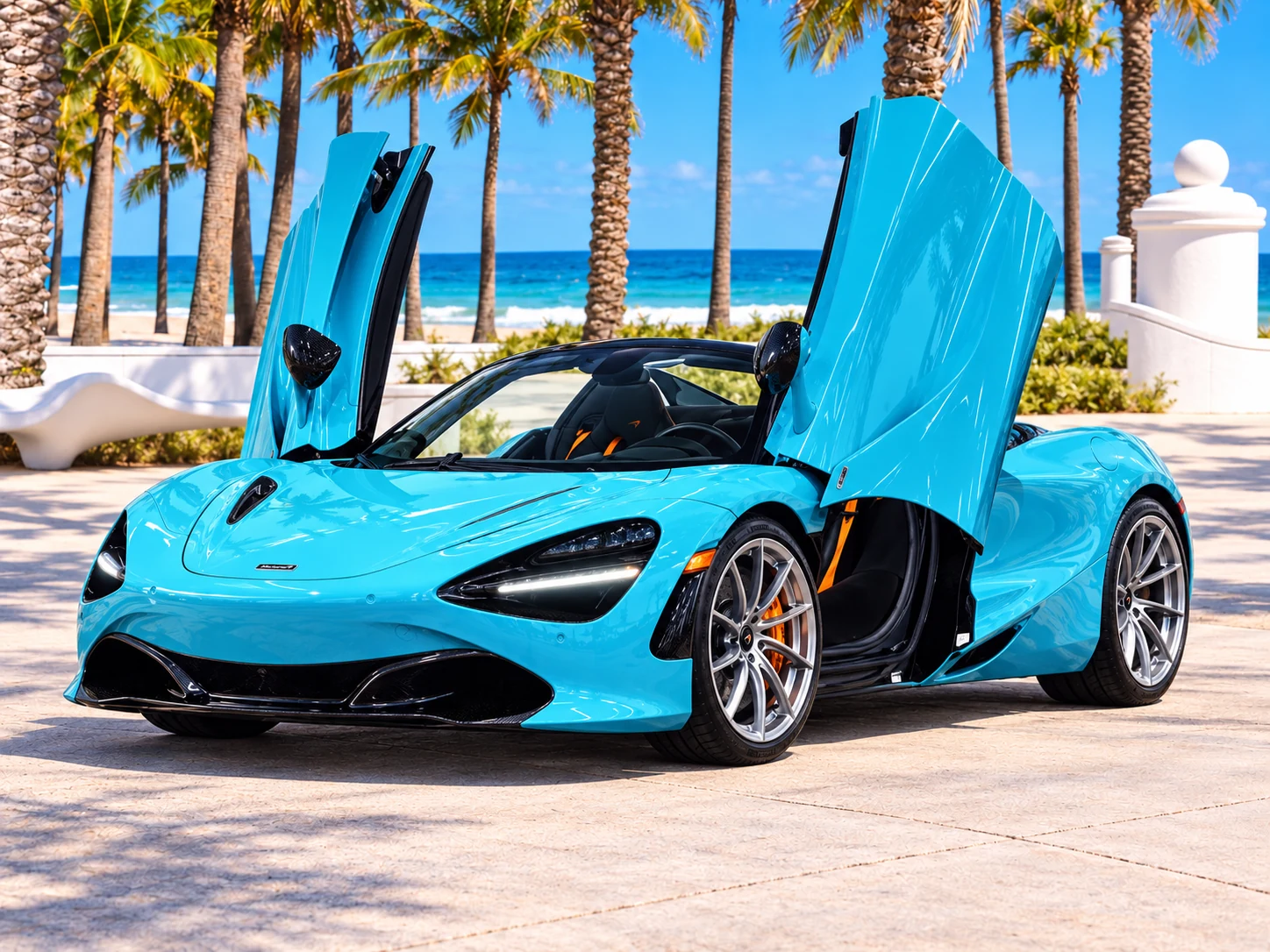 Turquoise McLaren 720S Spider with raised dihedral doors, silver wheels and orange accents at Las Olas beach in Fort Lauderdale